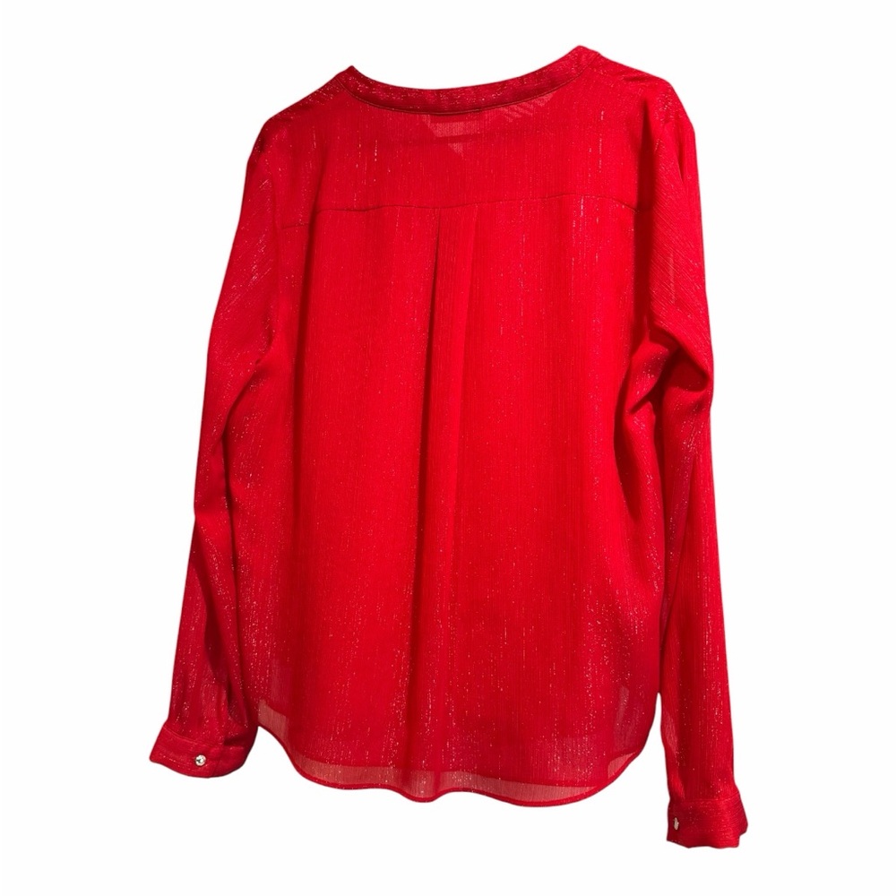 Tommy Hilfiger Women's Red Ruffle Tie Neck Blouse Metallic Shimmer Long Sleeve - Picture 3 of 7